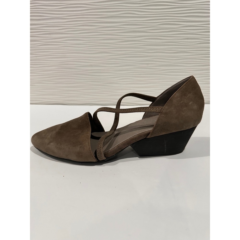 Eileen Fisher Suede criss cross Pumps Womens 10 Taupe Pointed Toe Wedge Heels